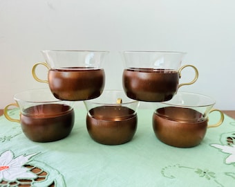 lot de 5 verres à thé vintage avec supports en métal - Tasses à café modernes du milieu du siècle avec support en métal couleur cuivre - (18)