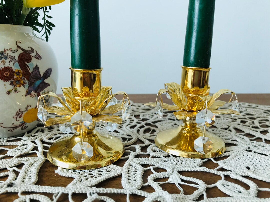 Vintage Set of 2 Gold Candlestick - Gold Candlestick With Crystal ...
