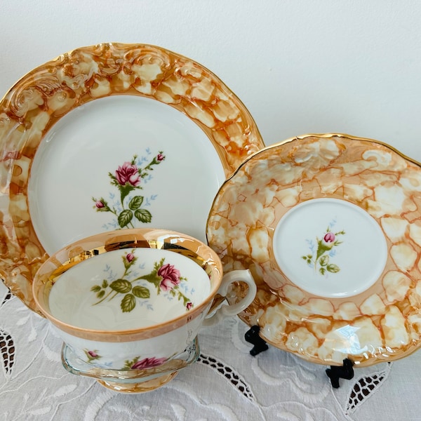 Vintage Wawel trio set with rose - Vintage Wawel breakfast set - Wawel trio set cup and saucer and dessert plate