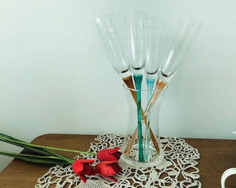 Taças de champanhe sem pé multicoloridas - Conjunto de 4 taças de champanhe com suporte - Conjunto de taças de champanhe de haste longa multicoloridas