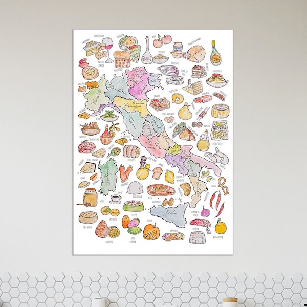 Foodie map of Italy, Fine art print, Kitchen wall decor, Handmade watercolour art, Italian food poster
