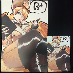 May include: Illustration of a woman with blonde hair wearing a tan uniform and a hat with the text "21-28". A speech bubble says "B+". The woman is holding a pen and a black notepad.