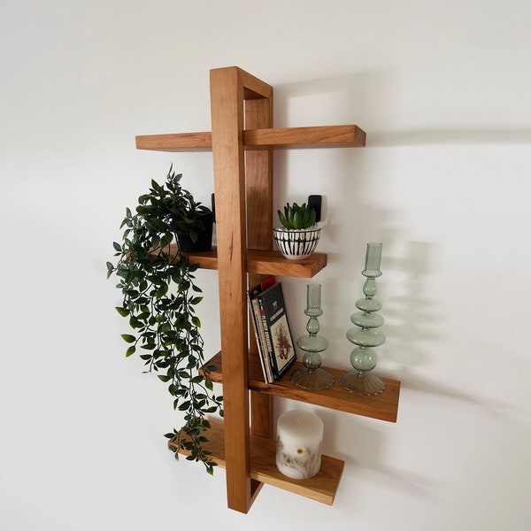 Solid Wood Shift Wall Shelf for Plants, Books, and Photos. Adjustable Mid Century Design, Scandinavian Modern Bookshelf