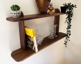 Mid Century Walnut Double Floating Wall Shelf - Perfect for Plants, Books & Photos. Modern Scandinavian Desig