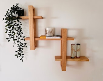 Solid Wood Floating Wall Shelf: Mid Century Modern Plant Display