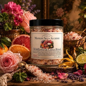 May include: A clear glass jar filled with pink and white bath salts, labelled Modern Skyn Alchemy Wildflower & Citrus Ritual, 480 g. The label features a floral and citrus illustration. A small metal scoop holds some salts, surrounded by fresh roses, citrus slices, and lavender.