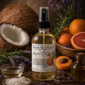 Può includere: Un flacone spray in vetro trasparente contenente il detergente oleoso Afterglow Oil Cleanser di Modern Skyn Alchemy con erogatore nero. L'etichetta bianca presenta illustrazioni botaniche e il volume di 118 ml.