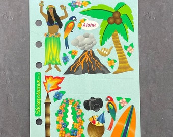 HAWAII Stickers | Surf Board Tiki Coconut Tree | Lei Flower Volcano Hula Dancer Embellishment | Vacation Sticker | Scrapbook Sticker | E3818