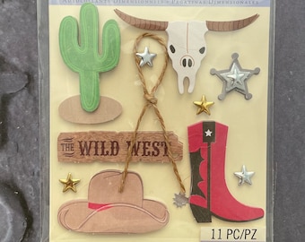 WILD West 3D Embellishment | Southwest Sticker Cactus Sticker | Cowboy Hat Cowgirl | Bull Skull | Handmade Scrapbook | Paper Crafting E3108