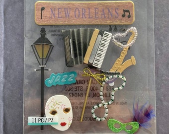 NEW Orleans Sticker Set | Bourbon Street Sticker | 3D Mardi Gras Accordion Saxophone Jazz Music | Masquerade Ball Scrapbook Sticker | E3793*