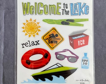 LAKE Summer Fun Beach Sticker Embellishment | Speedboat Inner tube Cooler Sunglasses Water Skis | Scrapbook Sticker | Scrapbooking | E3882*