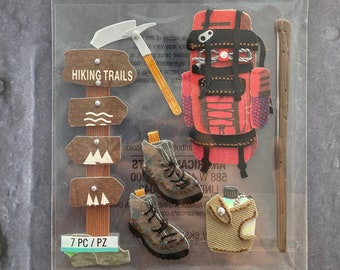 BACKPACKING Hiking Sticker | Canteen Hiking Boots | Walking Stick Pole Trail Head Camping Embellishment | Scrapbook Sticker | Jolees |E3795*