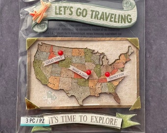 USA Map of US | Let's Go Traveling | United States Map Sticker Set | Travel Sticker | USA Star | Vintage American Flag Scrapbooking | E3828*