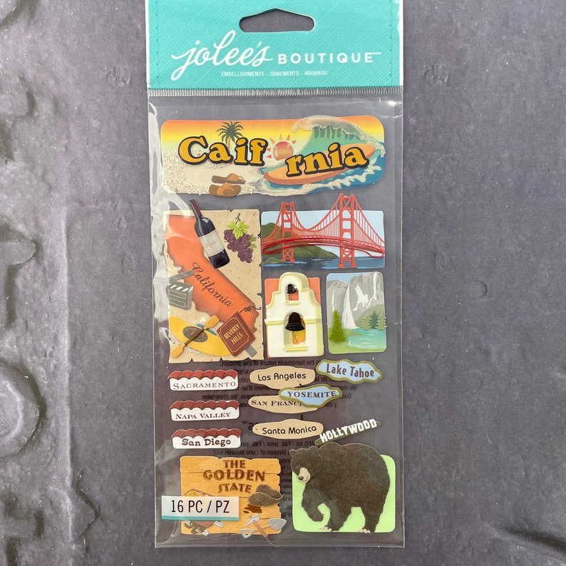 CALIFORNIA 3D Stickers Golden Gate Bridge Wine Country Bear State Parks Embellishment Beverly Hills Hollywood Jolees Scrapbook E3832 image 1