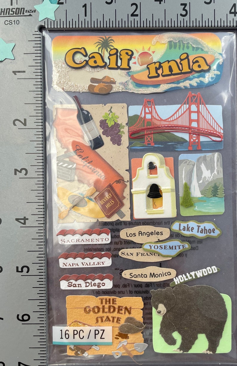 CALIFORNIA 3D Stickers Golden Gate Bridge Wine Country Bear State Parks Embellishment Beverly Hills Hollywood Jolees Scrapbook E3832 image 6