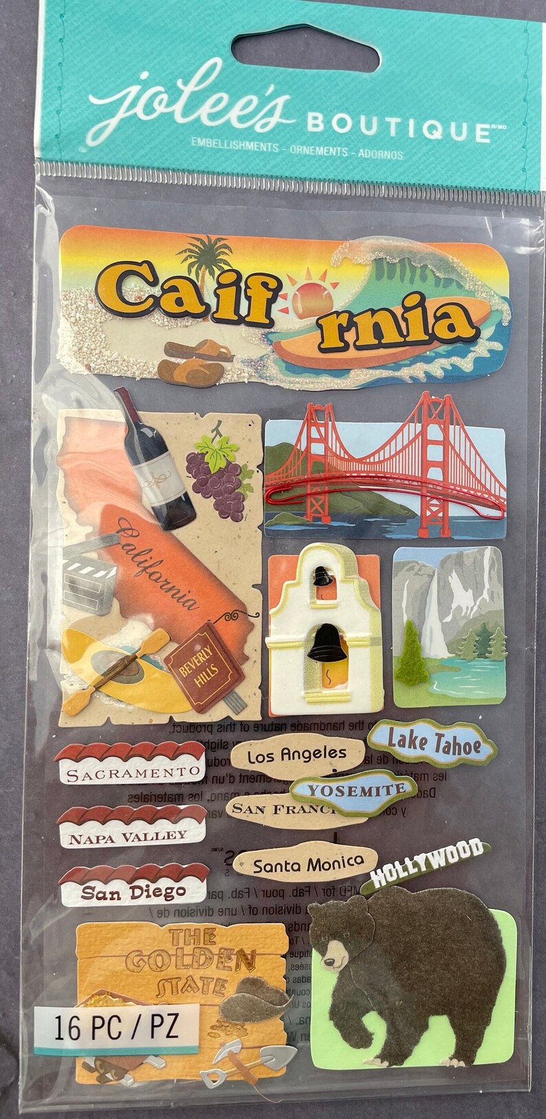CALIFORNIA 3D Stickers Golden Gate Bridge Wine Country Bear State Parks Embellishment Beverly Hills Hollywood Jolees Scrapbook E3832 image 9