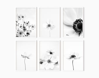 花のウォールアート 6枚セット | プリント可能なミニマリストな白黒花柄ウォールアート | すぐにダウンロード #0893