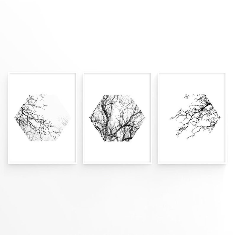 Abstract Set Of 3 Prints Black And White Forest Prints Etsy