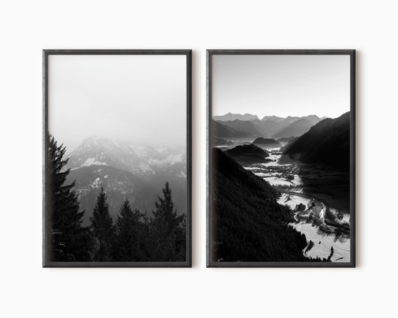 Mountain Print Set Of 2 | Forest Wall Art | Black And White Nature Prints | Printable Art DOWNLOAD   #0012