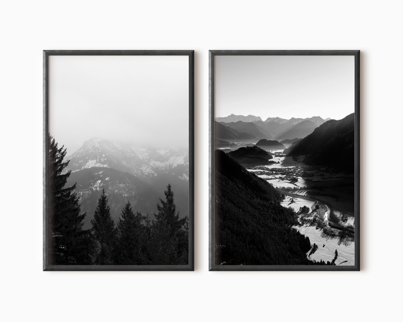 May include: Two black and white landscape photographs of mountains and valleys. The left image shows a mountain range with trees in the foreground. The right image shows a valley with a river winding through it.