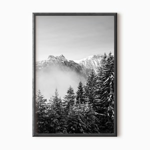 Mountain Print Black And White Art | Pine Tree Forest Printable Art | Foggy Photography | Instant Download    #0056