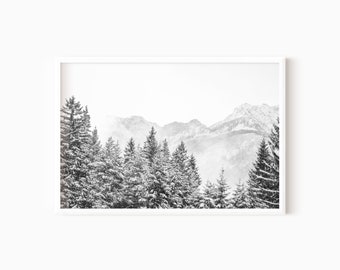 Mistige bergprint | Zwart-wit afdrukbare boskunst | Direct downloaden #0379