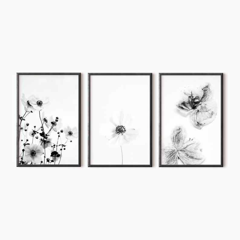 Flower Set Of 3 Prints Black And White Printable Floral Wall Art 0444 image 7
