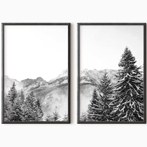 Bergwald 2er-Set Drucke | Schwarzweiße Natur Wandkunst | Herunterladbare Drucke | Sofortdownload #0018
