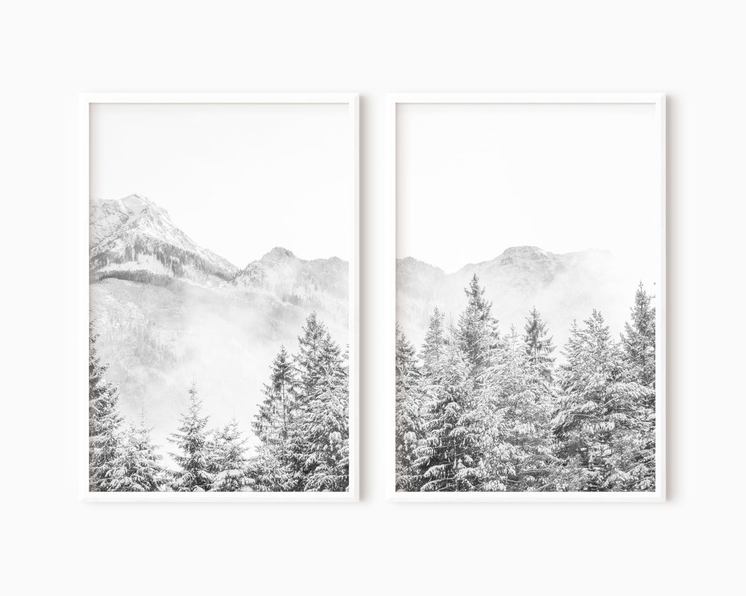 Set of 2 Prints | Mountain Wall Art | Printable Black and White ...