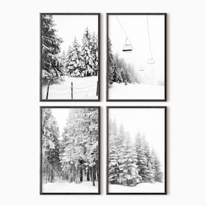 Winter Set Of 4 Prints | Ski Wall Art | Printable Winter Art | Black And White Snowy Forest Art | Instant Download   #0652