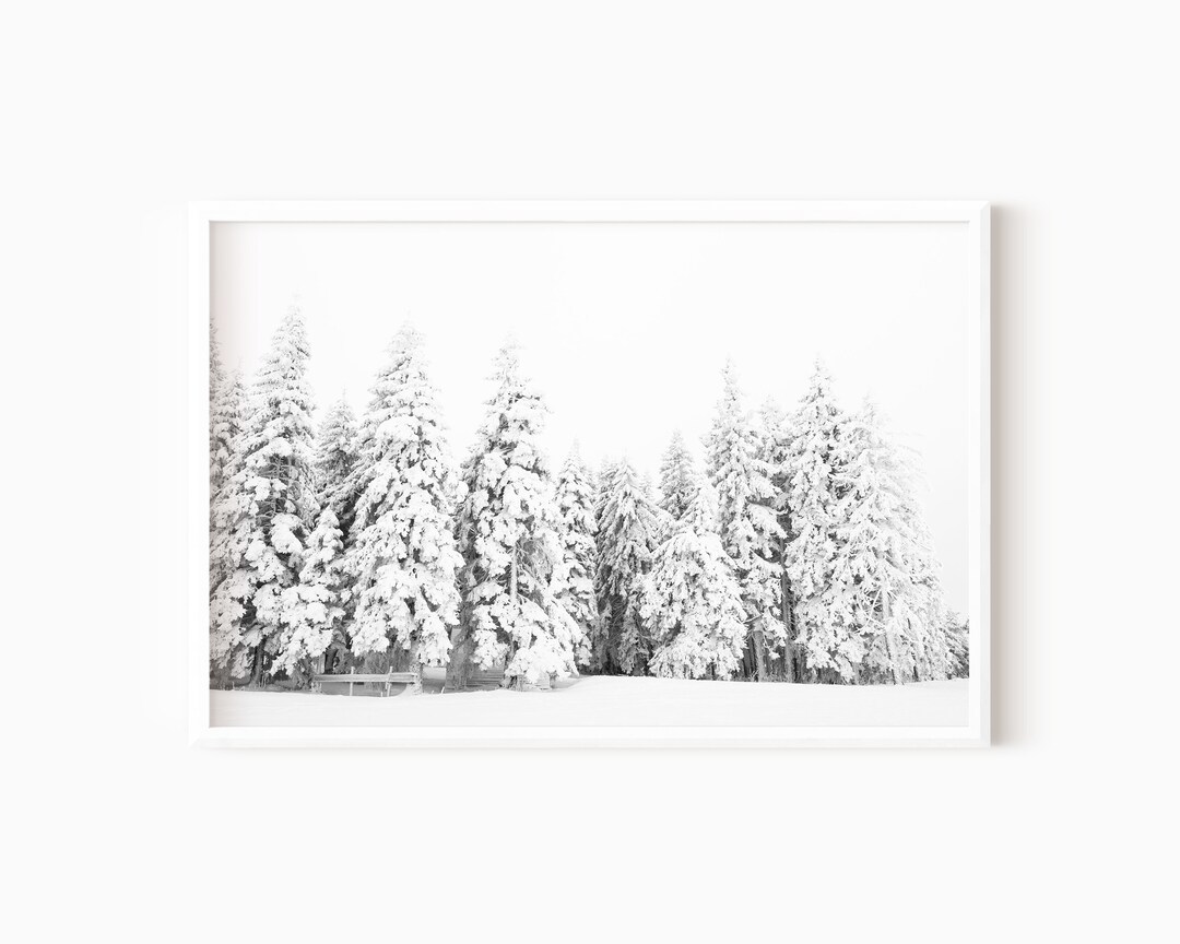 Snow Pine Tree Print Printable Black and White Winter Wall Art DOWNLOAD