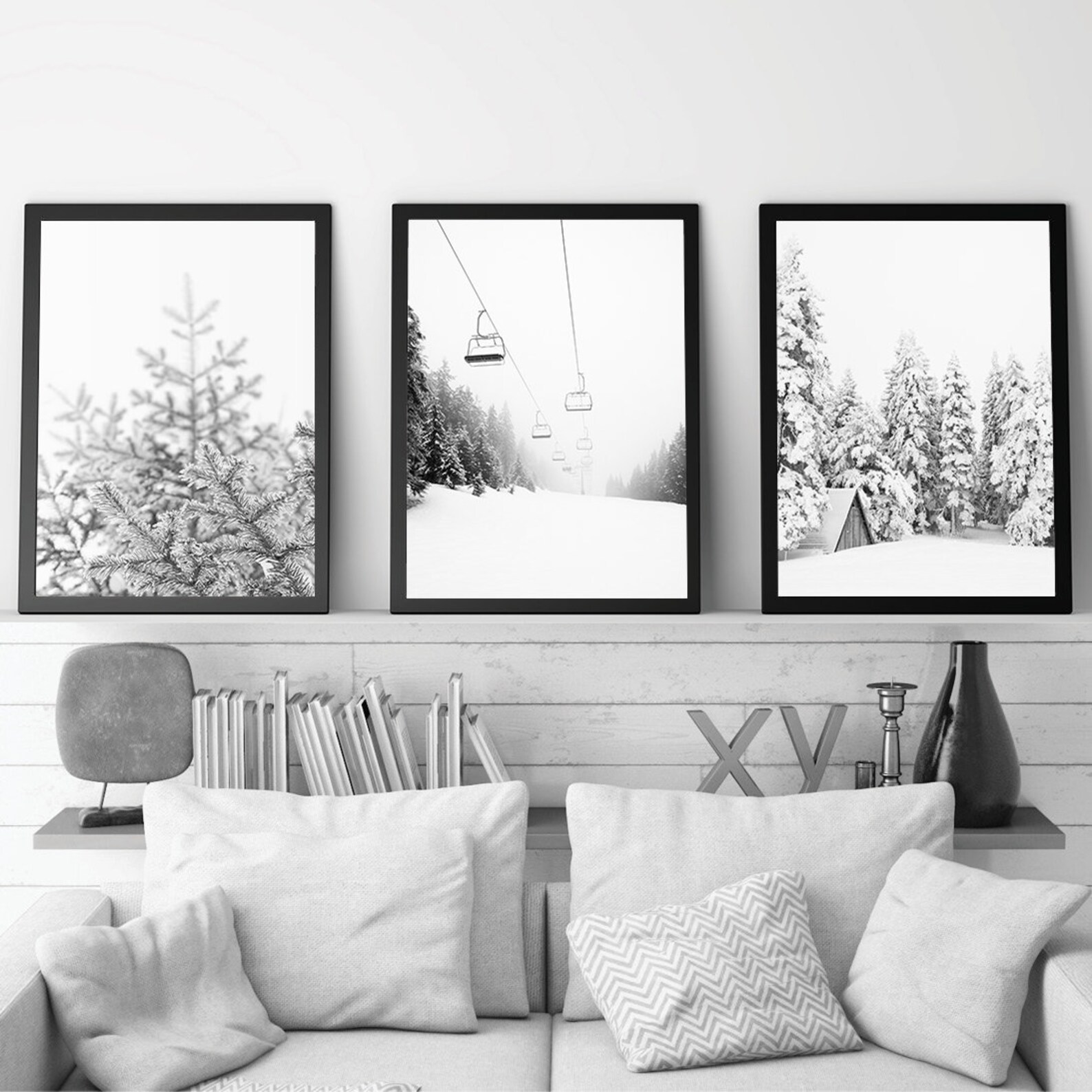 Set of 3 Ski Prints Snowy Pine Tree Black and White | Etsy