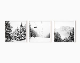 Winter Set Of 3 Snowy Wall Art | Digital Mountain Print Set    #0567