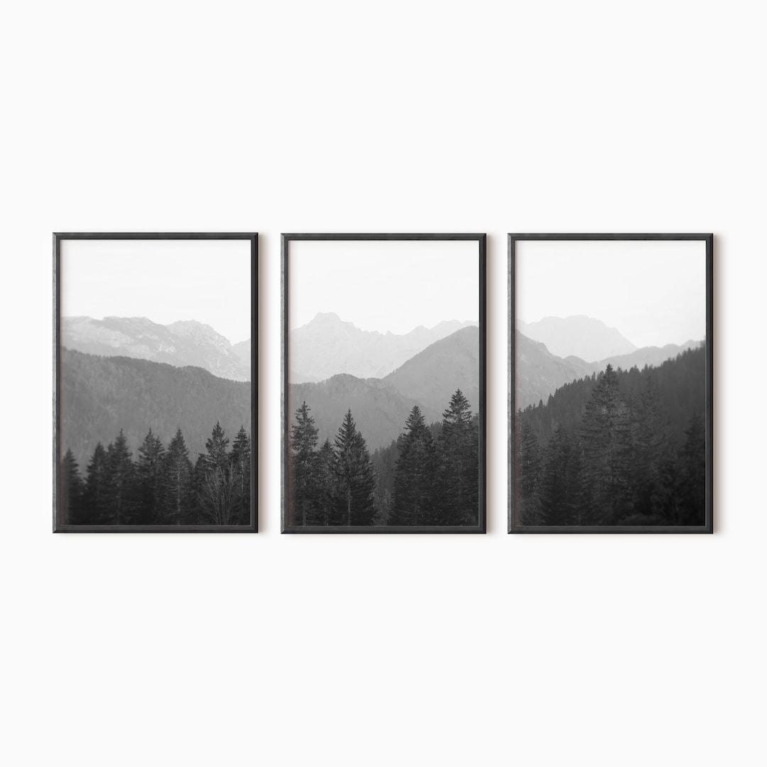 Black and White Mountain Print Set of 3 | Printable Forest Gallery Wall ...