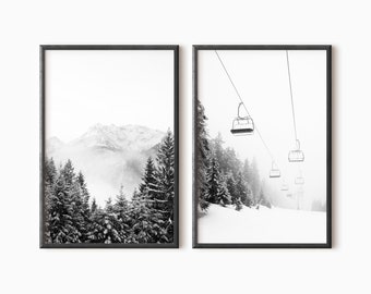Ski Art Set Of 2 Prints | Winter Downloadable Print | Black And White Ski Print | Snowy Mountain Art | Printable Winter Art  #0613