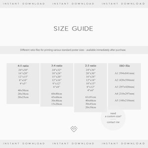 May include: A size guide for printing posters with different aspect ratios. The guide shows the dimensions in inches and centimeters for 4:5, 3:4, and 2:3 aspect ratios. It also includes the standard ISO paper sizes in millimeters.