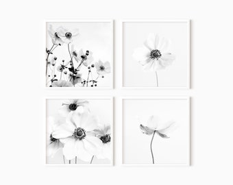 Flower Set Of 4 Prints | Black And White Square Wall Art | Botanical Print Sets | Instant Download  #0724