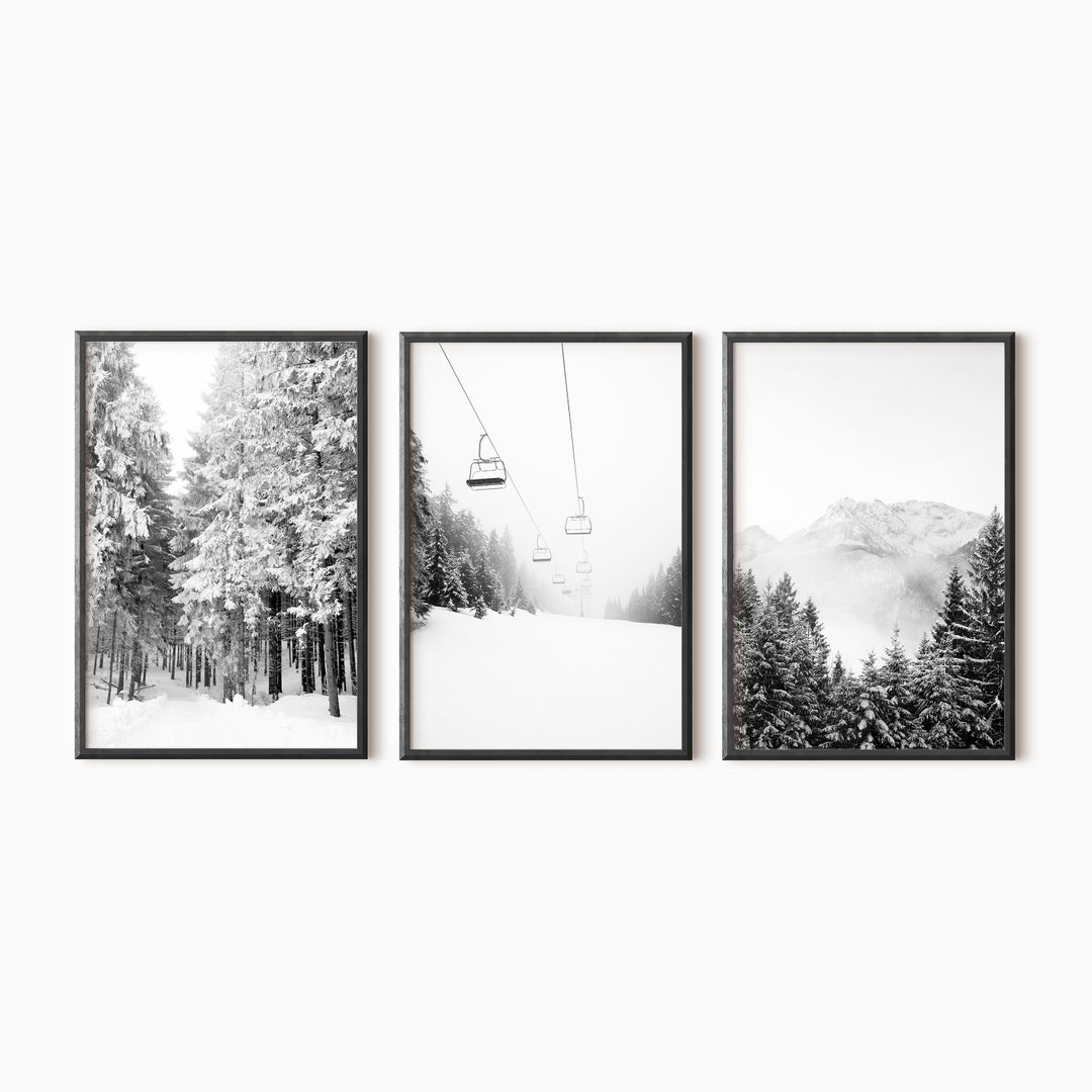 Winter Set of 3 Prints | Snow Covered Trees | Ski Lift Print | Snowy ...