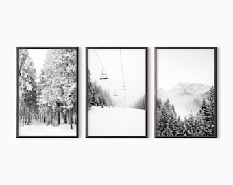 Winter Set Of 3 Prints | Snow Covered Trees | Ski Lift Print | Snowy Landscape | Modern Mountain Art | 3 Piece Wall Art  #0612