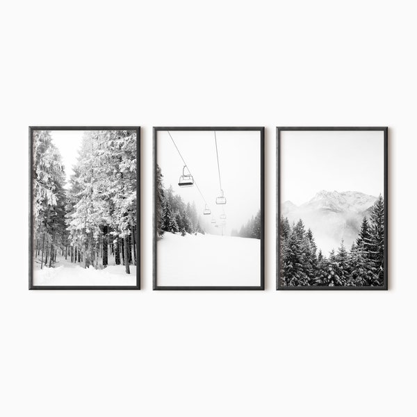 Winter Set Of 3 Prints | Snow Covered Trees | Ski Lift Print | Snowy Landscape | Modern Mountain Art | 3 Piece Wall Art  #0612