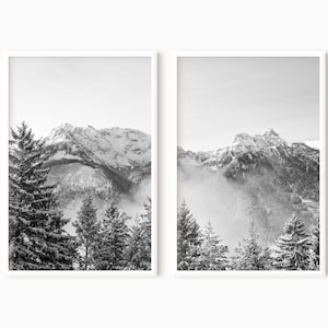 Conjunto de 2 impresiones de arte de montaña en blanco y negro / Arte de bosque imprimible / Paisaje de montaña minimalista / Descarga instantánea n.° 0016