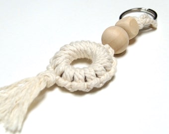 Porte cléf en corde de coton et perles de bois