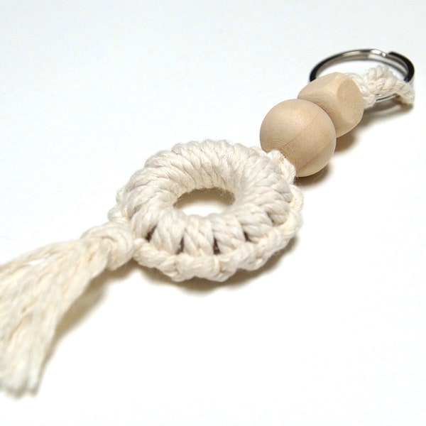 Porte cléf en corde de coton et perles de bois