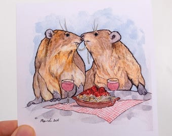Des damans à un rendez-vous romantique de spaghettis (estampes d'art)