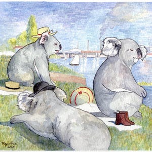 May include: Watercolour painting of koalas relaxing by a river. Some koalas wear hats, and one has brown boots. A boat and sailboats are in the background. The scene is set on a sunny day.