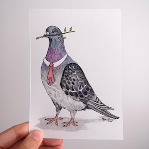 May include: A watercolour painting of a pigeon wearing a white collared shirt and a pink tie with a small pigeon icon on it. The pigeon holds a thin brown twig with small green leaves in its beak. The bird has grey, black, and purple feathers.
