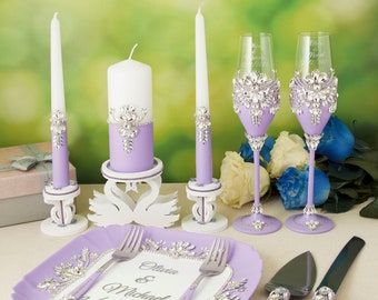 Lavender wedding cake cutting set, Personalized wedding party glasses, Wedding flutes, Engraved serving knives, Cake knife and cutter