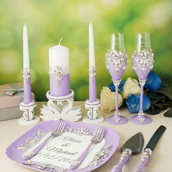 Lavender wedding cake cutting set, Personalized wedding party glasses, Wedding flutes, Engraved serving knives, Cake knife and cutter