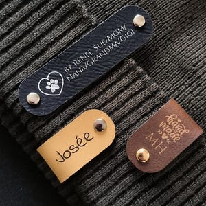 Personalized 2.75 x 0.75&quot; Faux Leather Labels with Rivets – Custom Name Tags for Handmade Items, Sewing Projects, Knitting, Crochet, Crafts