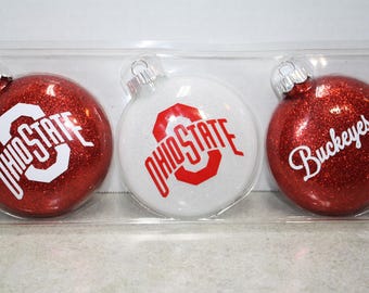 Ohio State University Buckeyes Glass Disc Holiday Glitter Ornaments
